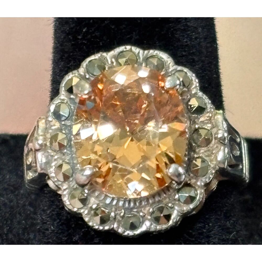 VTG Citrine CZ Marcasite Cocktail Ring Size 7.5 - Picture 4 of 5